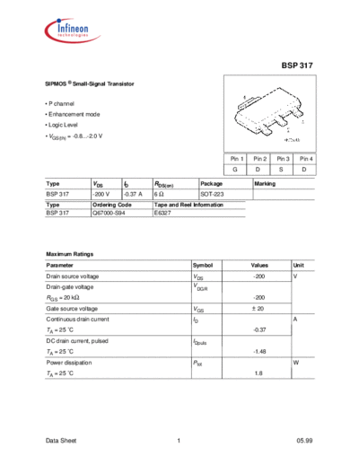 Infineon bsp317  . Electronic Components Datasheets Active components Transistors Infineon bsp317.pdf