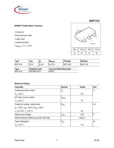 Infineon bsp319  . Electronic Components Datasheets Active components Transistors Infineon bsp319.pdf