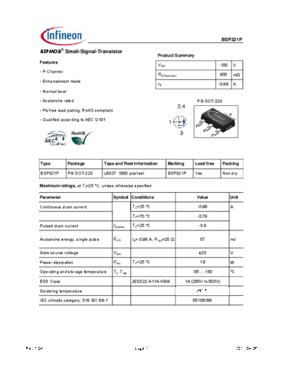 Infineon bsp321p rev1.04  . Electronic Components Datasheets Active components Transistors Infineon bsp321p_rev1.04.pdf