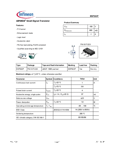 Infineon bsp322p rev1.04  . Electronic Components Datasheets Active components Transistors Infineon bsp322p_rev1.04.pdf