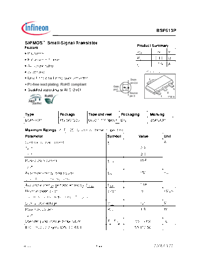 Infineon bsp613p rev2.5  . Electronic Components Datasheets Active components Transistors Infineon bsp613p_rev2.5.pdf