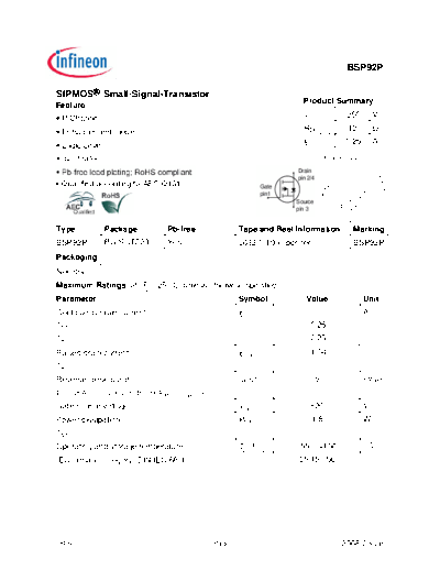 Infineon bsp92p rev2.5  . Electronic Components Datasheets Active components Transistors Infineon bsp92p_rev2.5.pdf