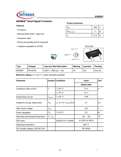 Infineon bsr92p rev1.03  . Electronic Components Datasheets Active components Transistors Infineon bsr92p_rev1.03.pdf
