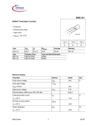 Infineon bss101  . Electronic Components Datasheets Active components Transistors Infineon bss101.pdf