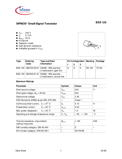 Infineon bss129  . Electronic Components Datasheets Active components Transistors Infineon bss129.pdf