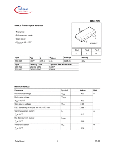Infineon bss123  . Electronic Components Datasheets Active components Transistors Infineon bss123.pdf