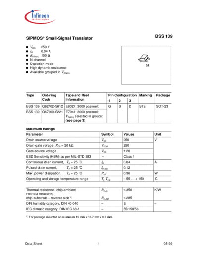 Infineon bss139  . Electronic Components Datasheets Active components Transistors Infineon bss139.pdf