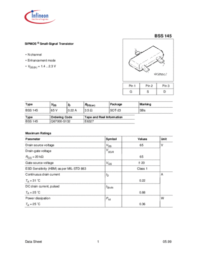 Infineon bss145  . Electronic Components Datasheets Active components Transistors Infineon bss145.pdf