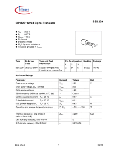 Infineon bss229  . Electronic Components Datasheets Active components Transistors Infineon bss229.pdf