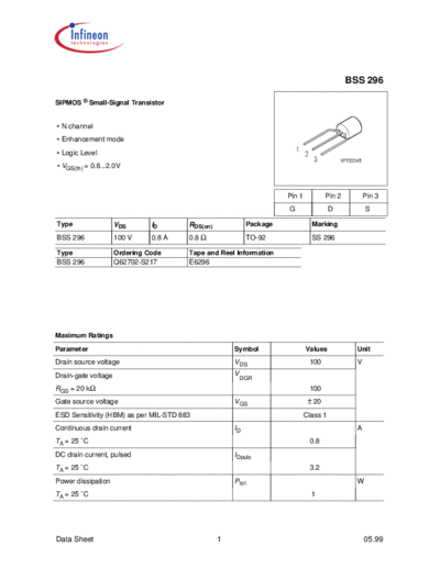 . Electronic Components Datasheets bss296  . Electronic Components Datasheets Active components Transistors Infineon bss296.pdf