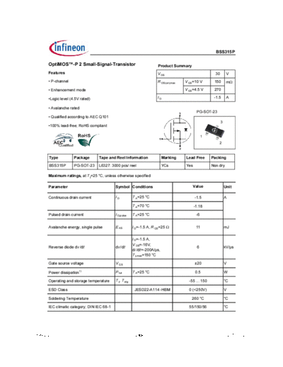 . Electronic Components Datasheets bss315p rev2.2  . Electronic Components Datasheets Active components Transistors Infineon bss315p_rev2.2.pdf