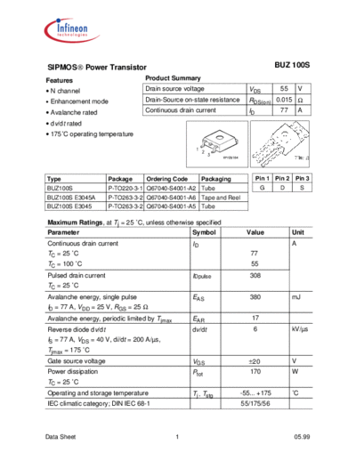 . Electronic Components Datasheets buz100s  . Electronic Components Datasheets Active components Transistors Infineon buz100s.pdf