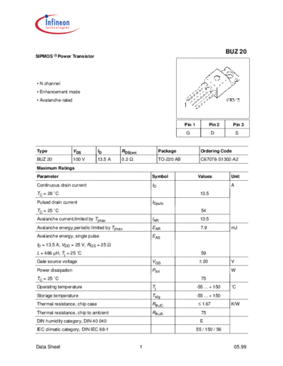 Infineon buz20  . Electronic Components Datasheets Active components Transistors Infineon buz20.pdf