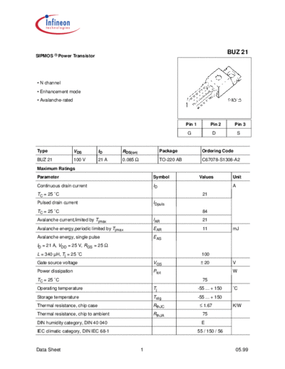 . Electronic Components Datasheets buz21  . Electronic Components Datasheets Active components Transistors Infineon buz21.pdf