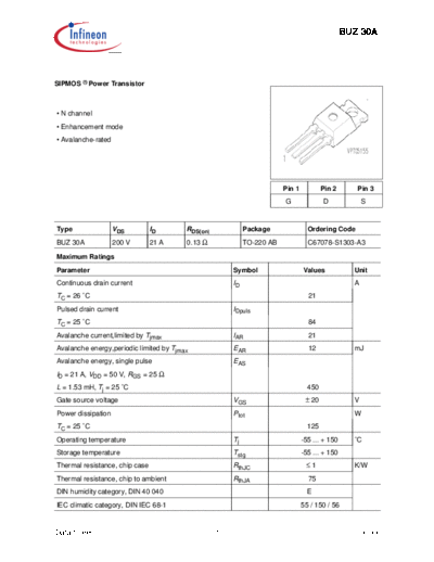Infineon buz30a  . Electronic Components Datasheets Active components Transistors Infineon buz30a.pdf