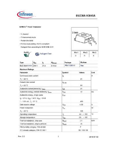 Infineon buz30ah3045arev2.2  . Electronic Components Datasheets Active components Transistors Infineon buz30ah3045arev2.2.pdf