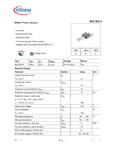 Infineon buz30ahrev2.5  . Electronic Components Datasheets Active components Transistors Infineon buz30ahrev2.5.pdf