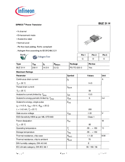. Electronic Components Datasheets buz31h rev2.5  . Electronic Components Datasheets Active components Transistors Infineon buz31h_rev2.5.pdf