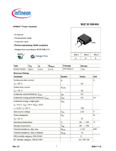 Infineon buz32h3045arev2.2  . Electronic Components Datasheets Active components Transistors Infineon buz32h3045arev2.2.pdf