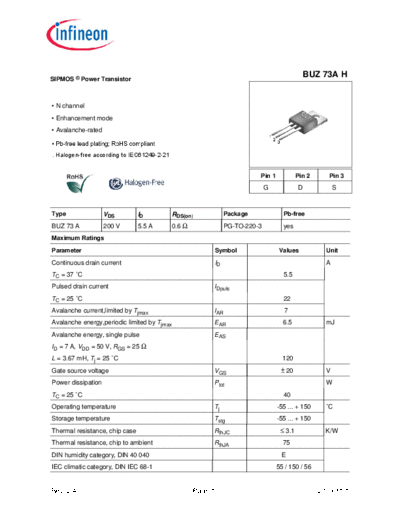 . Electronic Components Datasheets buz73ahg rev2.4  . Electronic Components Datasheets Active components Transistors Infineon buz73ahg_rev2.4.pdf