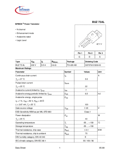 Infineon buz73al  . Electronic Components Datasheets Active components Transistors Infineon buz73al.pdf