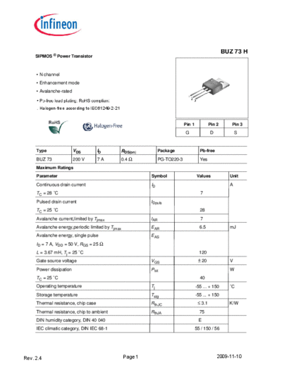 Infineon buz73h rev2.4  . Electronic Components Datasheets Active components Transistors Infineon buz73h_rev2.4.pdf