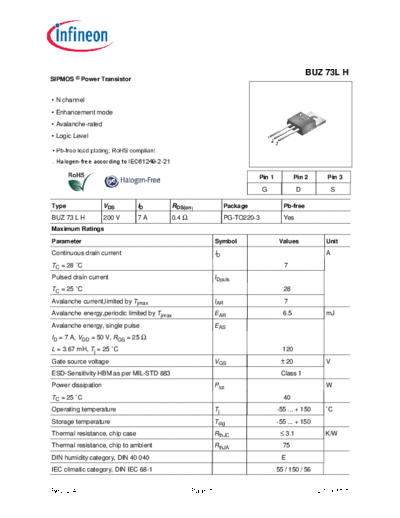 . Electronic Components Datasheets buz73lh rev2.4  . Electronic Components Datasheets Active components Transistors Infineon buz73lh_rev2.4.pdf