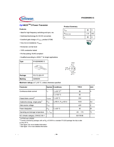 Infineon ipa028n08n3 rev2.0  . Electronic Components Datasheets Active components Transistors Infineon ipa028n08n3_rev2.0.pdf