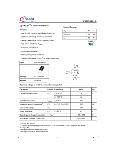 Infineon ipa037n08n3 rev2.0  . Electronic Components Datasheets Active components Transistors Infineon ipa037n08n3_rev2.0.pdf