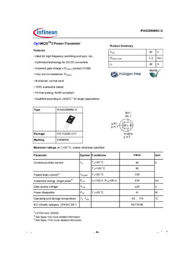 Infineon ipa032n06n3 rev20  . Electronic Components Datasheets Active components Transistors Infineon ipa032n06n3_rev20.pdf