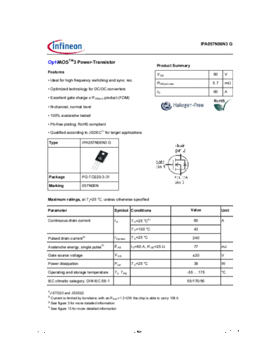 Infineon ipa057n06n3 rev20  . Electronic Components Datasheets Active components Transistors Infineon ipa057n06n3_rev20.pdf