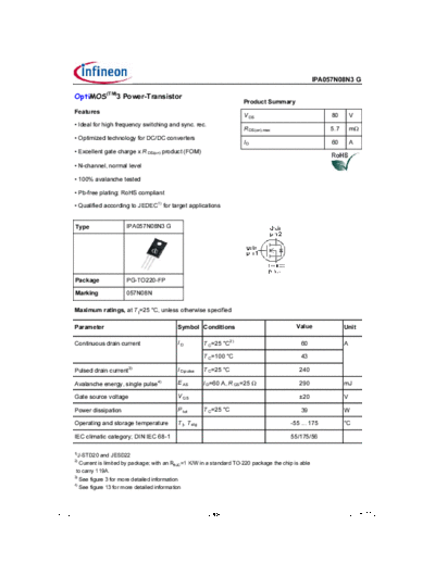 Infineon ipa057n08n3 rev2.0  . Electronic Components Datasheets Active components Transistors Infineon ipa057n08n3_rev2.0.pdf