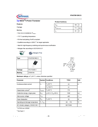 Infineon ipa075n15n3g rev2.2  . Electronic Components Datasheets Active components Transistors Infineon ipa075n15n3g_rev2.2.pdf