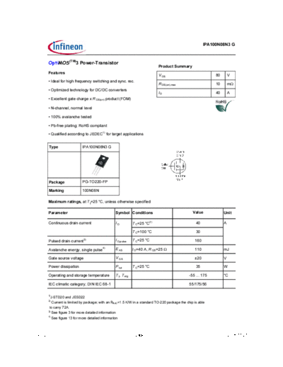 Infineon ipa100n08n3 rev2.0  . Electronic Components Datasheets Active components Transistors Infineon ipa100n08n3_rev2.0.pdf
