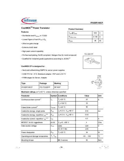 Infineon ipa50r140cp rev2.1  . Electronic Components Datasheets Active components Transistors Infineon ipa50r140cp_rev2.1.pdf