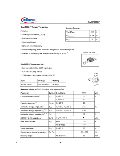 Infineon ipa50r399cp rev2.1  . Electronic Components Datasheets Active components Transistors Infineon ipa50r399cp_rev2.1.pdf