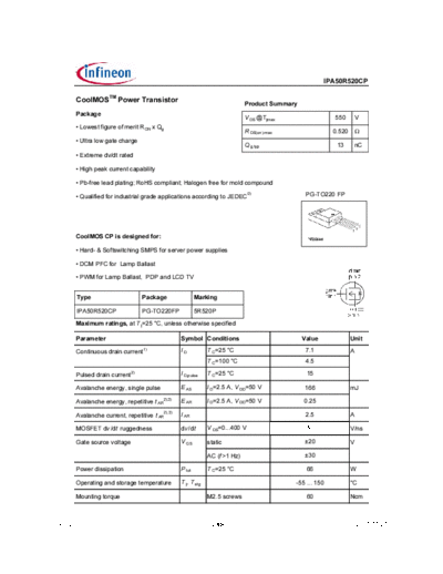 Infineon ipa50r520cp rev2.0  . Electronic Components Datasheets Active components Transistors Infineon ipa50r520cp_rev2.0.pdf