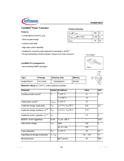 Infineon ipa60r165cp rev2.2  . Electronic Components Datasheets Active components Transistors Infineon ipa60r165cp_rev2.2.pdf