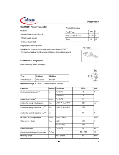 Infineon ipa60r199cp rev21a  . Electronic Components Datasheets Active components Transistors Infineon ipa60r199cp_rev21a.pdf