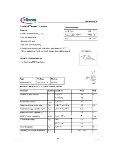 Infineon ipa60r520cp rev2.0  . Electronic Components Datasheets Active components Transistors Infineon ipa60r520cp_rev2.0.pdf