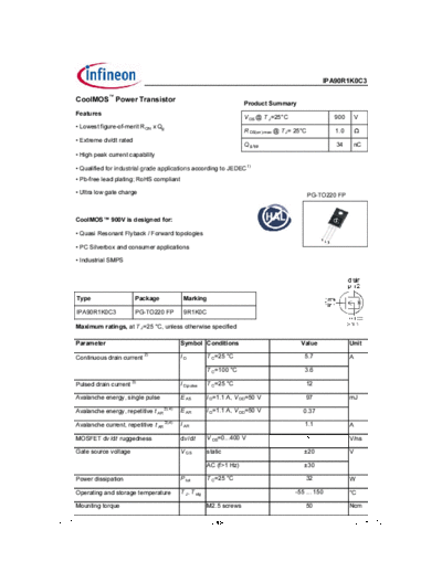 Infineon ipa90r1k0c3 1.0  . Electronic Components Datasheets Active components Transistors Infineon ipa90r1k0c3_1.0.pdf