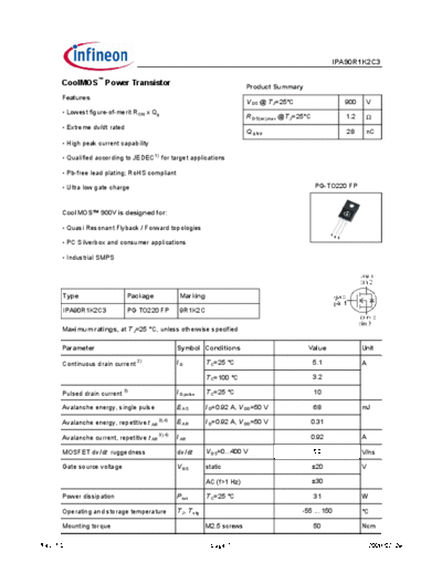 Infineon ipa90r1k2c3 1.0  . Electronic Components Datasheets Active components Transistors Infineon ipa90r1k2c3_1.0.pdf