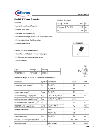 Infineon ipa90r500c3 1.0  . Electronic Components Datasheets Active components Transistors Infineon ipa90r500c3_1.0.pdf