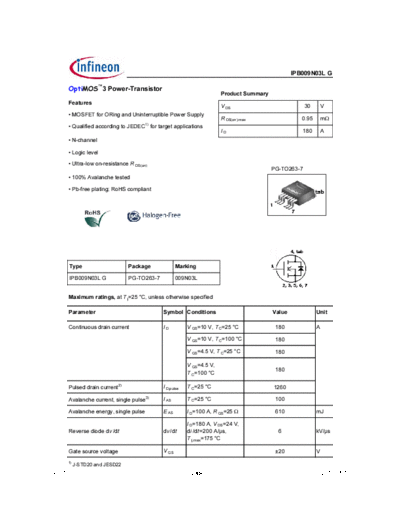Infineon ipb009n03l rev1.3  . Electronic Components Datasheets Active components Transistors Infineon ipb009n03l_rev1.3.pdf