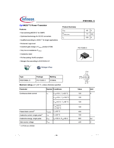 Infineon ipb015n04l rev1.2  . Electronic Components Datasheets Active components Transistors Infineon ipb015n04l_rev1.2.pdf