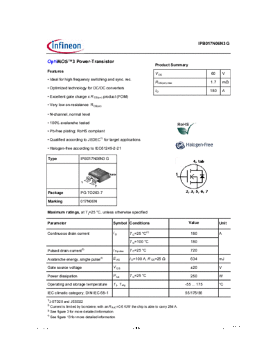 Infineon ipb017n06n3 rev2.2  . Electronic Components Datasheets Active components Transistors Infineon ipb017n06n3_rev2.2.pdf
