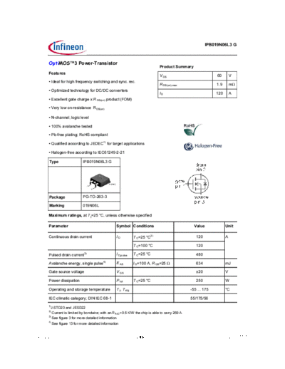 Infineon ipb019n06l3 rev2.2  . Electronic Components Datasheets Active components Transistors Infineon ipb019n06l3_rev2.2.pdf