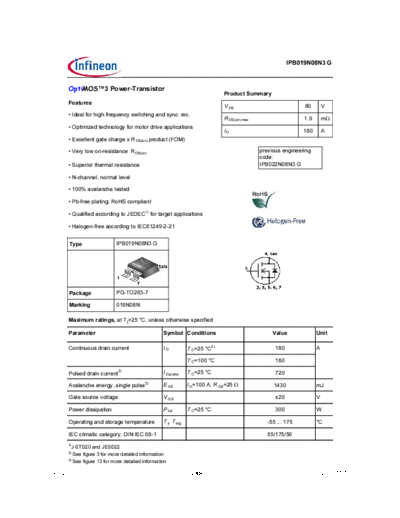 Infineon ipb019n08n3 rev2.3  . Electronic Components Datasheets Active components Transistors Infineon ipb019n08n3_rev2.3.pdf