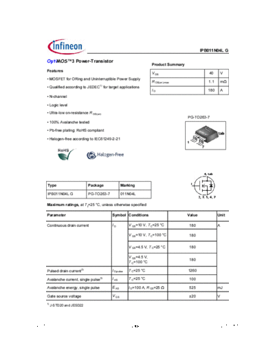 Infineon ipb011n04l rev1.3  . Electronic Components Datasheets Active components Transistors Infineon ipb011n04l_rev1.3.pdf