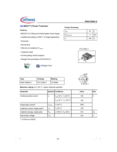 Infineon ipb011n04n rev14  . Electronic Components Datasheets Active components Transistors Infineon ipb011n04n_rev14.pdf